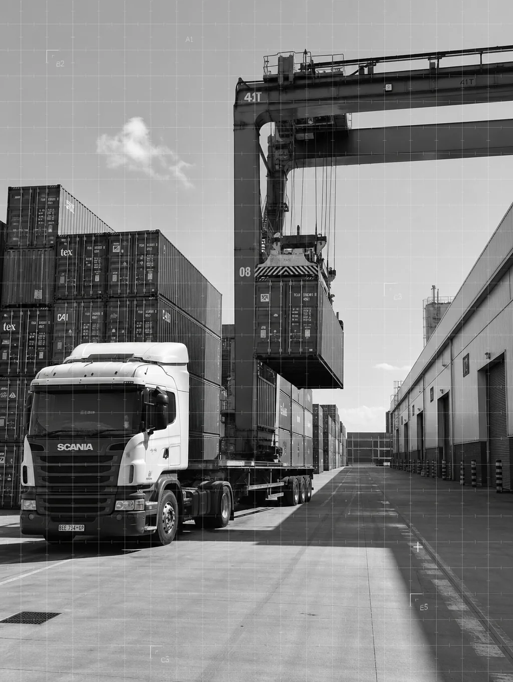 Industrial logistics hub with shipping containers and freight transport